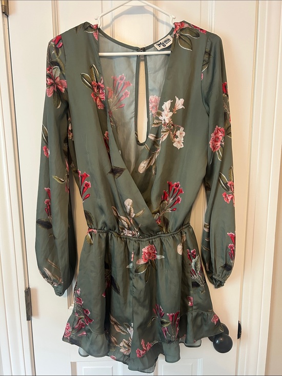 Show Me Your MuMu Pants - Show Me Your MuMu Olive Floral Long Sleeve Romper with Pink Accents